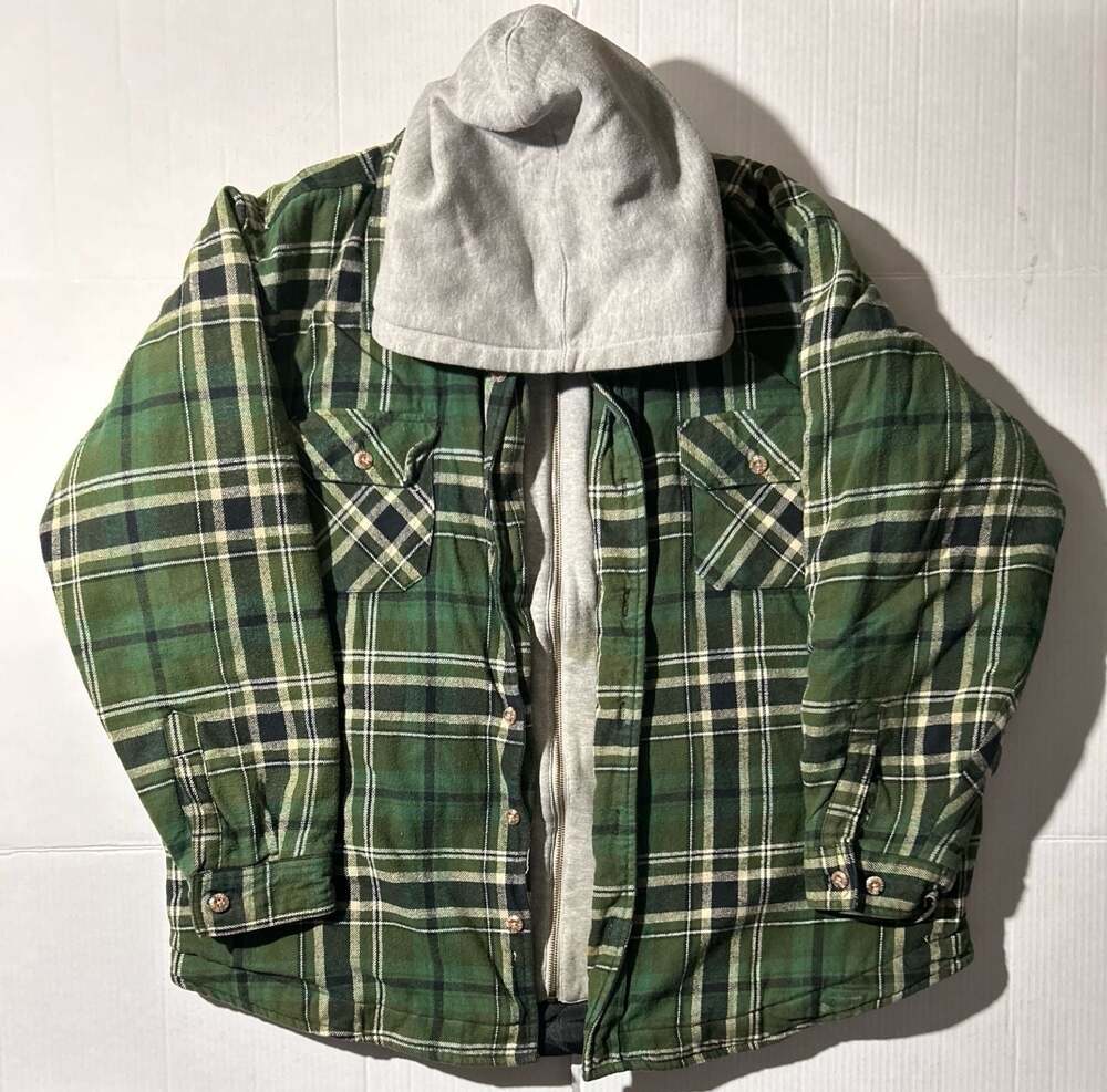 2000s Field & Stream Green Plaid Hooded Quilt-Lined Flannel Shirt Jacket Shacket